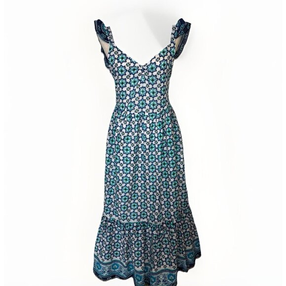NWT $118 Lucky Brand Maxi Dress Large Blue White Turquoise Sleeveless Ruffle - Picture 1 of 16